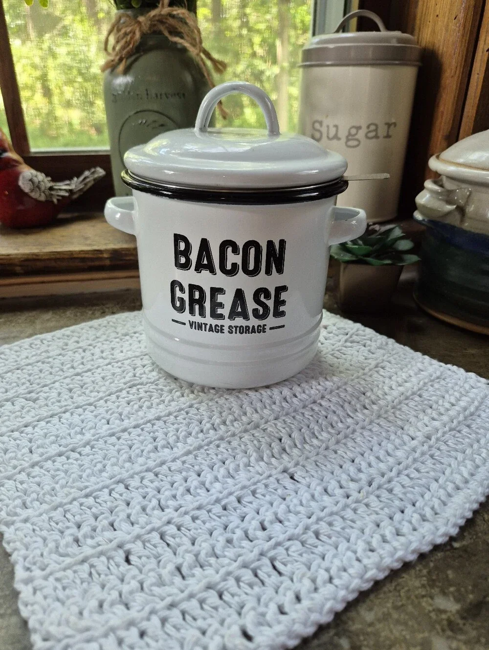 Large Enamel Bacon Grease Container With Metal Mesh Strainer And Lid